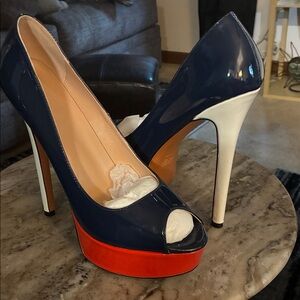 Patent Peep-Toe Platform Pumps in Navy, Red & White